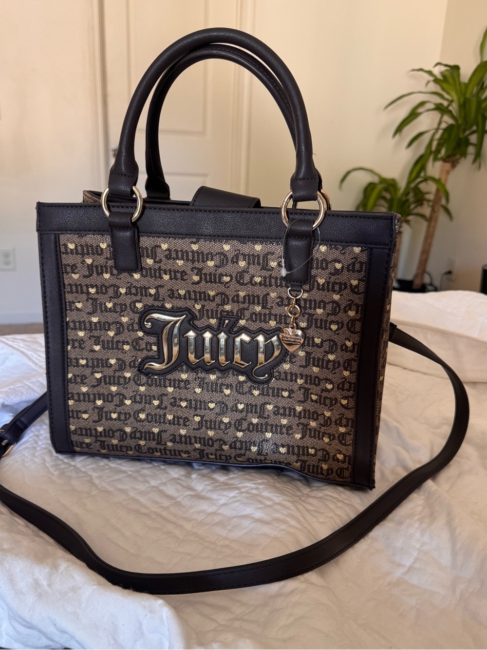 NWOT Juicy Couture Brown Logo Satchel with Black Trim and Charm